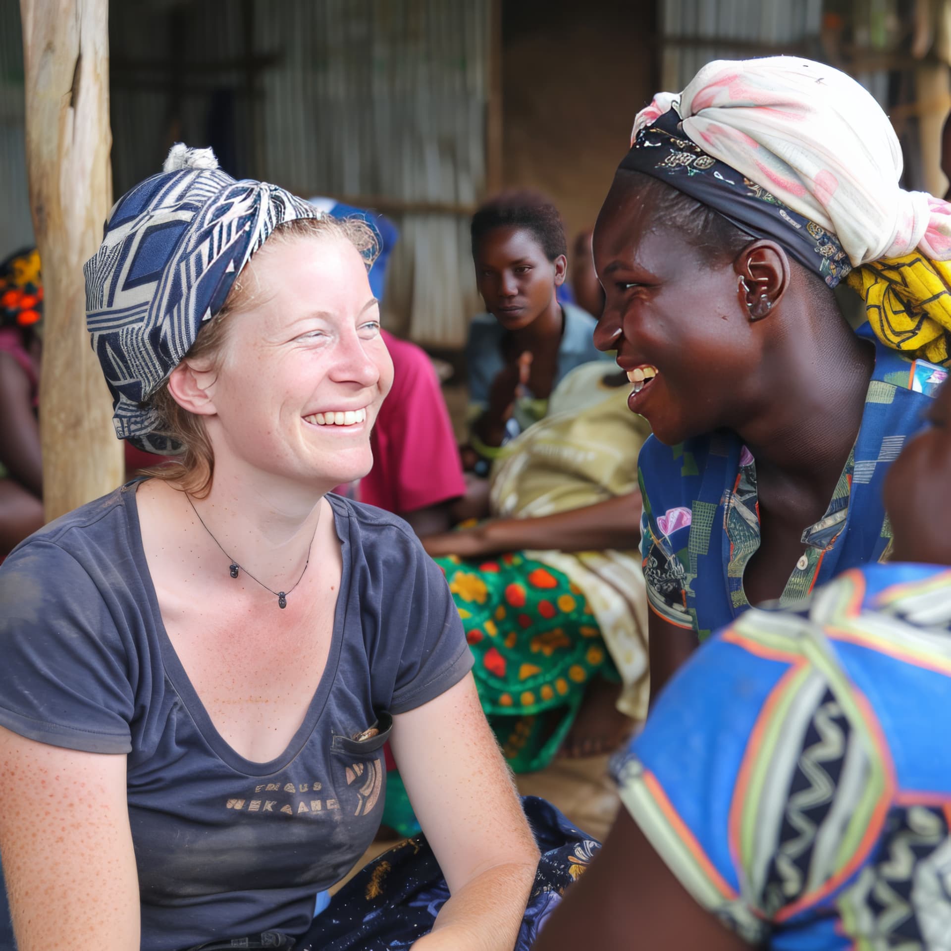Two people in headscarves sitting together and sharing a warm, respectful conversation